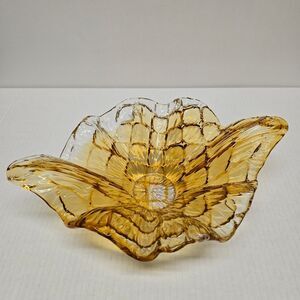 Vetro Eseguito Murano Art Glass Flower Bowl Candy Dish Amber 12" Made in Italy